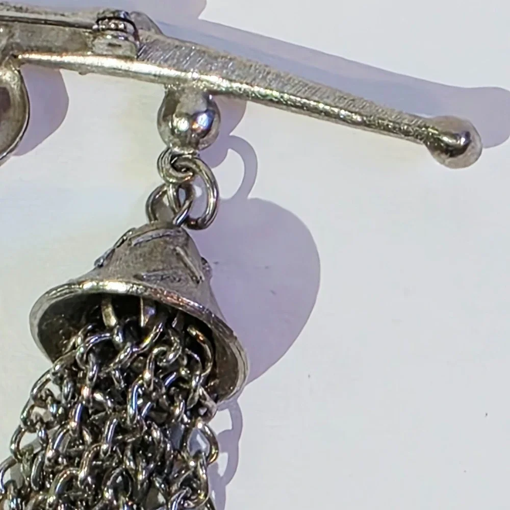 Vintage Textured Silver Tone Metal Bell Shape Tassel Dangle Brooch Pin